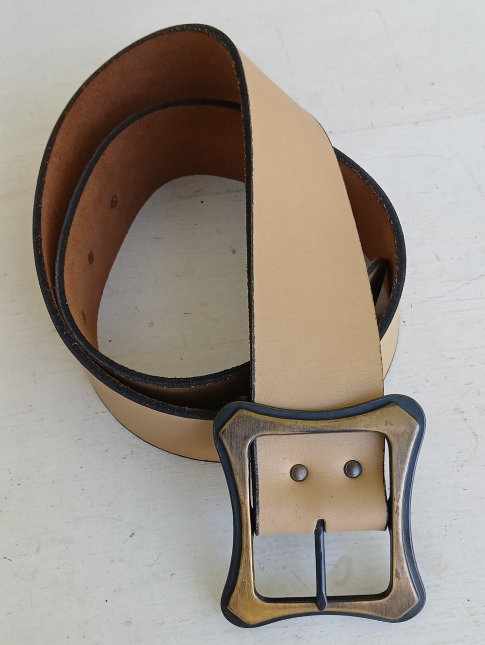 Wide Light Brown Leather Belt with Bronze Buckle